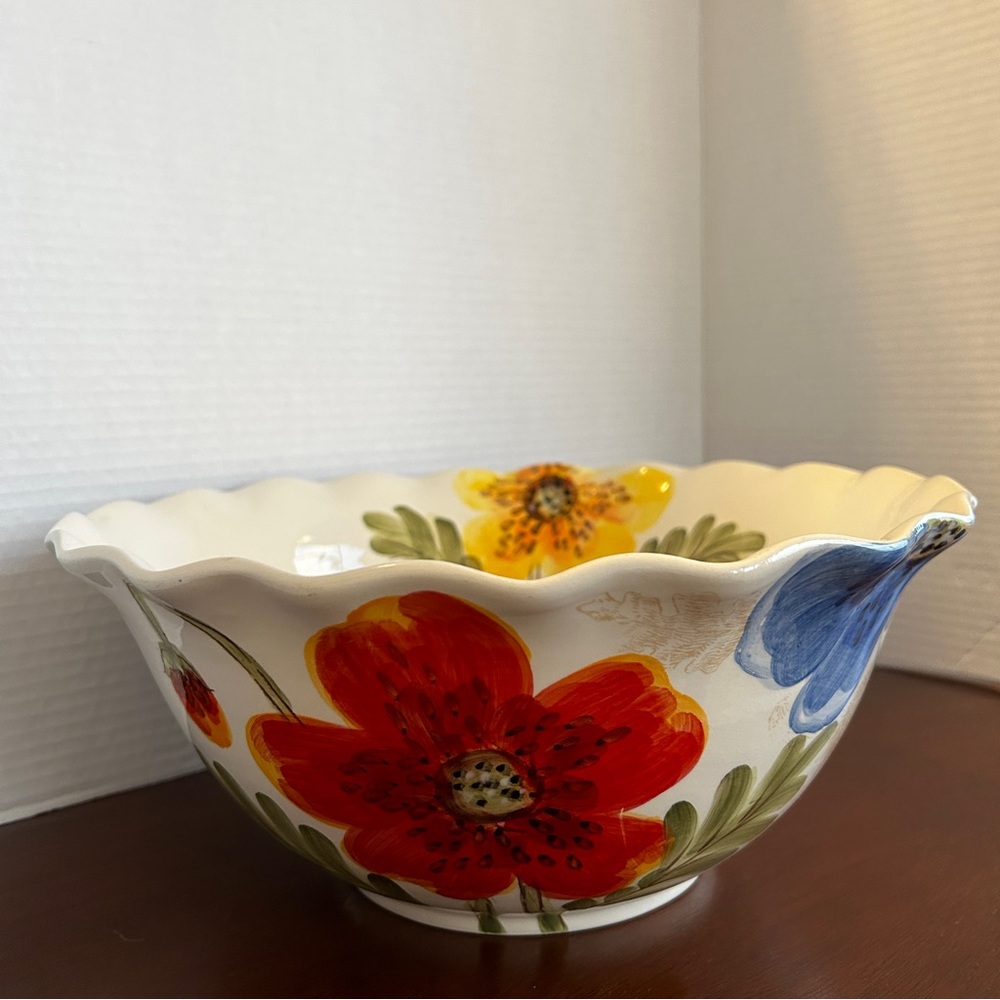 MAXCERA "Colorful Poppy Garden" XL 12 Inch Serving Bowl Scalloped Edges